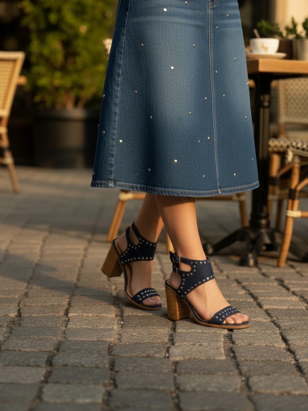 Soda block heel adjustable ankle strap denim studded Y2K chunky sandal size 9